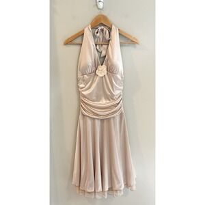 Ruby Rox Y2K Dress Cream‎ Gold Halter Satin Champaign Tulle Ruching Sz M